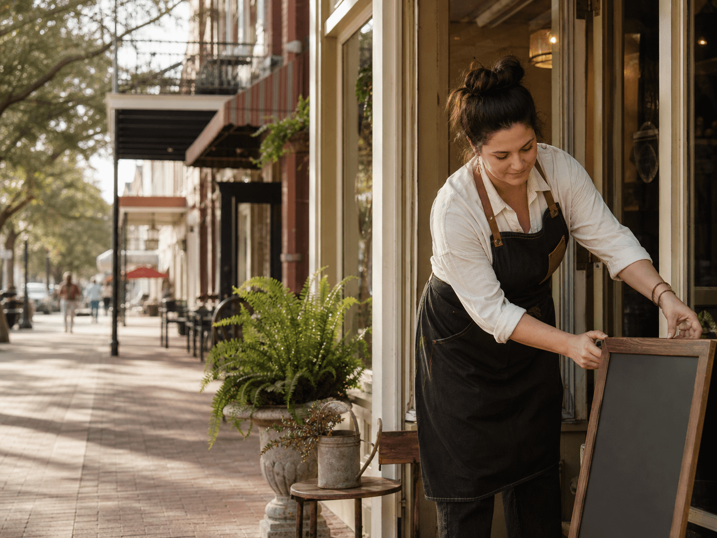 Independent Acadiana business owner preparing her storefront for the day