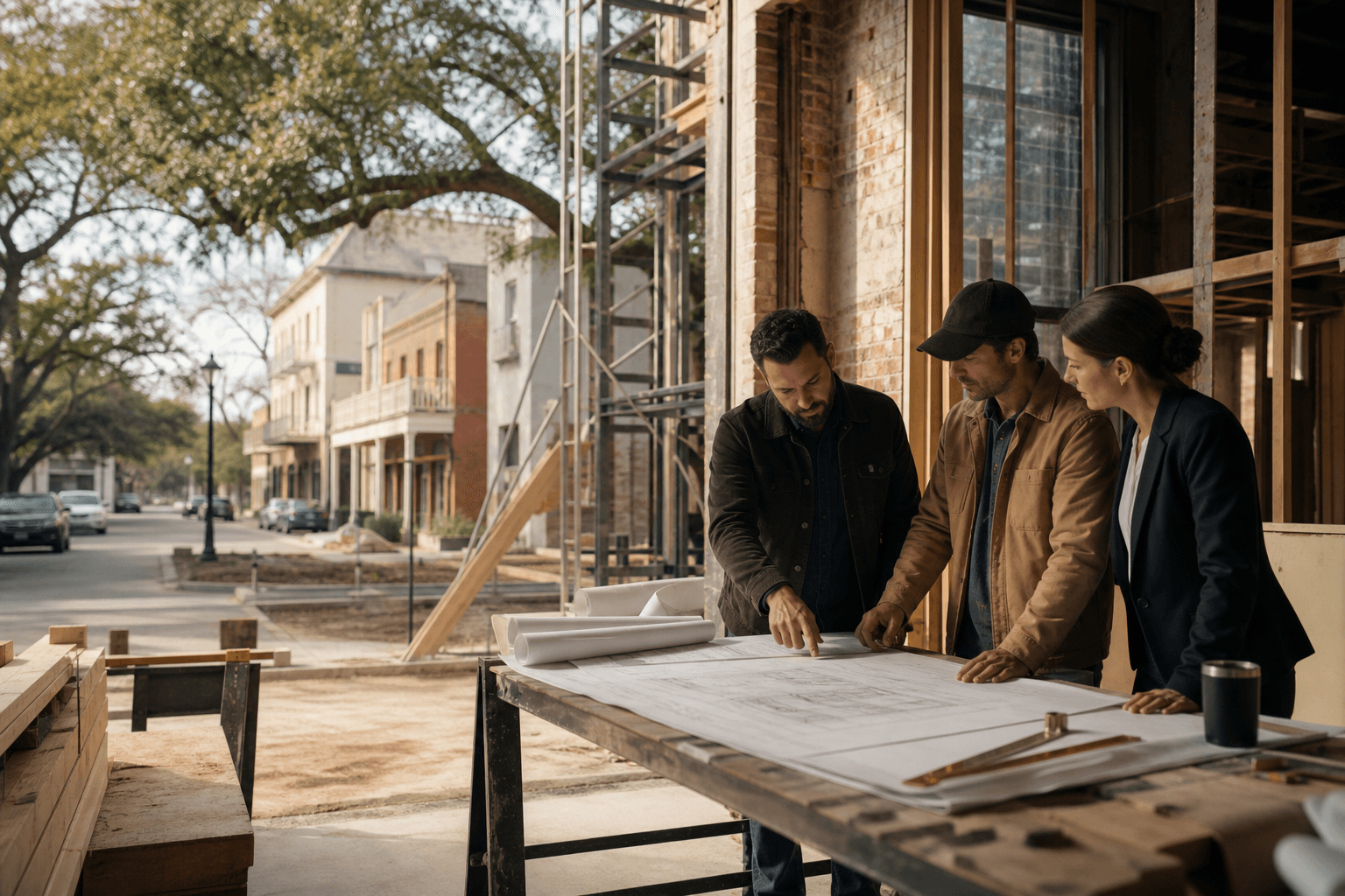 Local professionals reviewing plans at an Acadiana development site